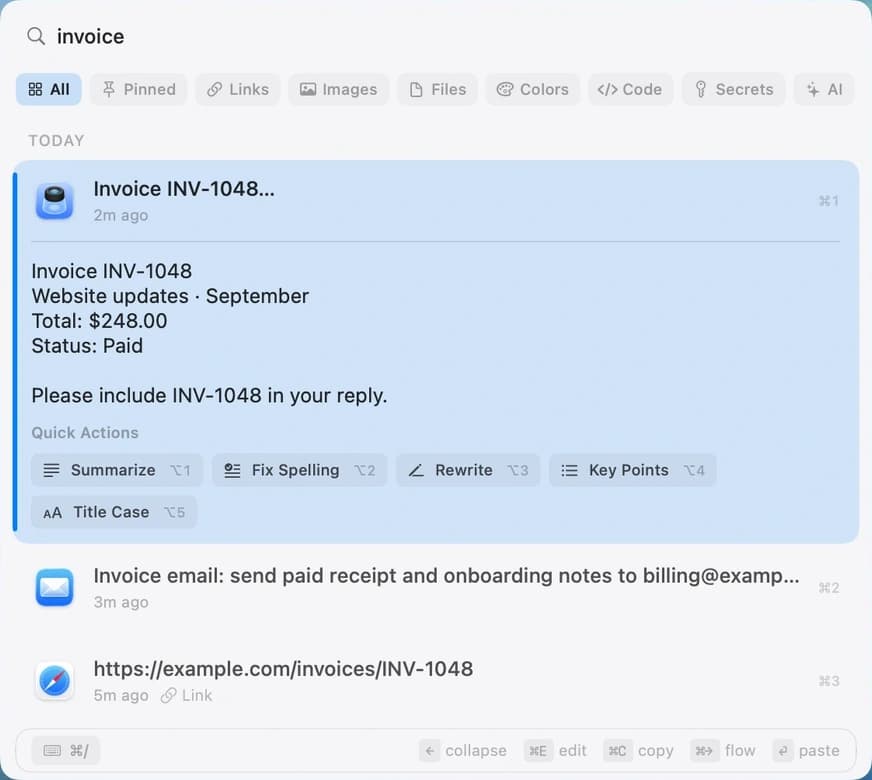 NanoClip searching earlier copies for invoice, with an expanded invoice preview and Return to paste