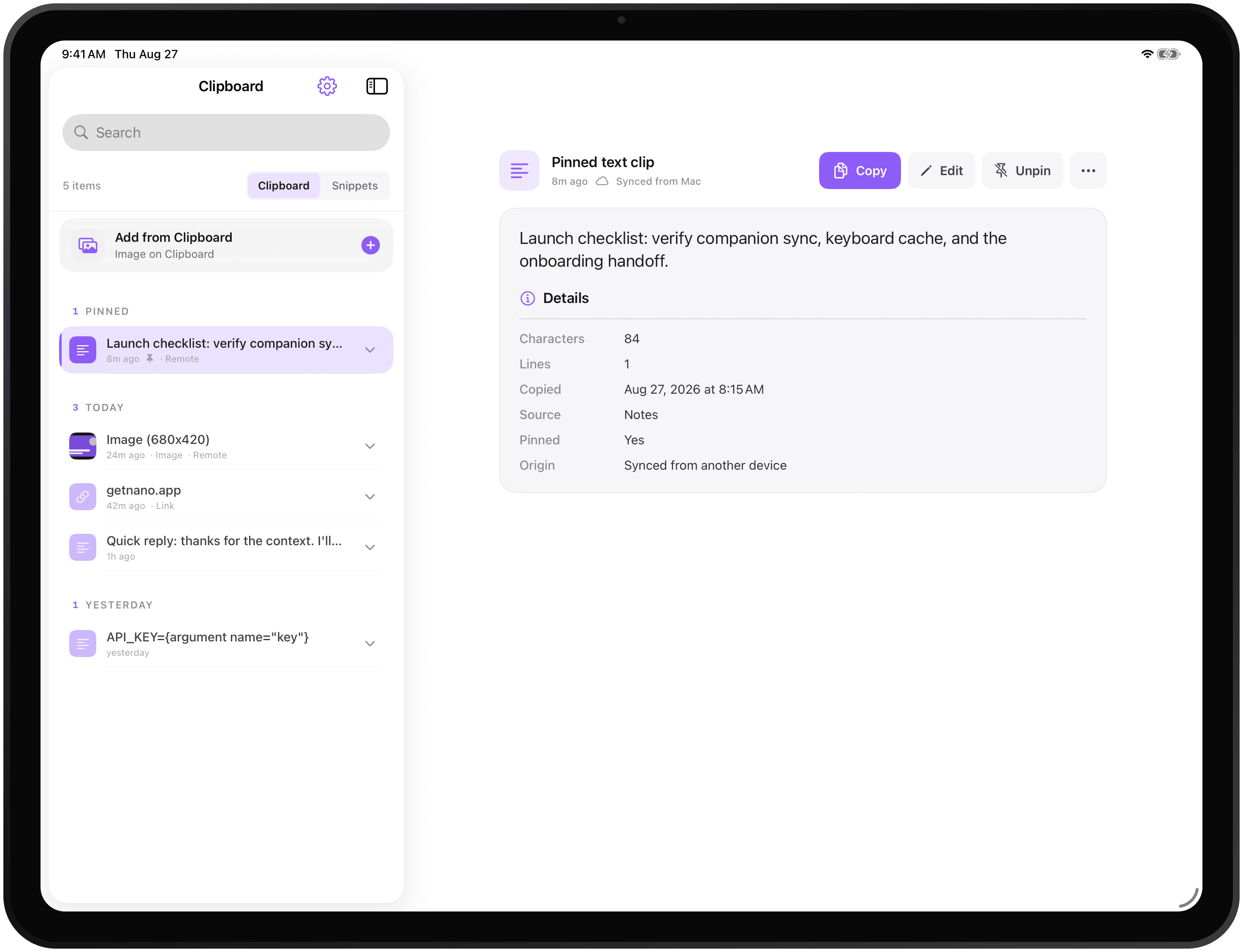 NanoClip on iPad showing a selected clipboard item with copy, edit, pin, and detail controls