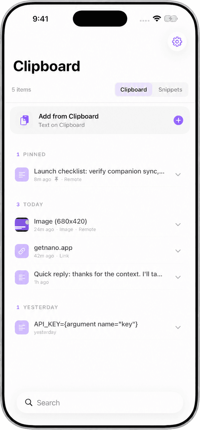 NanoClip for iPhone showing synced clipboard history