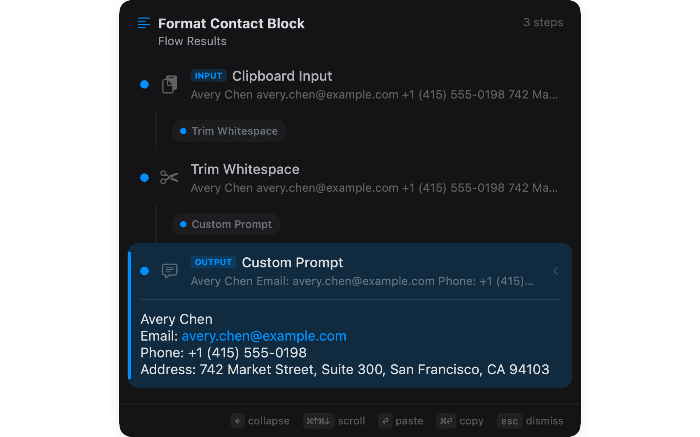 NanoClip Flow result formatting a copied contact block
