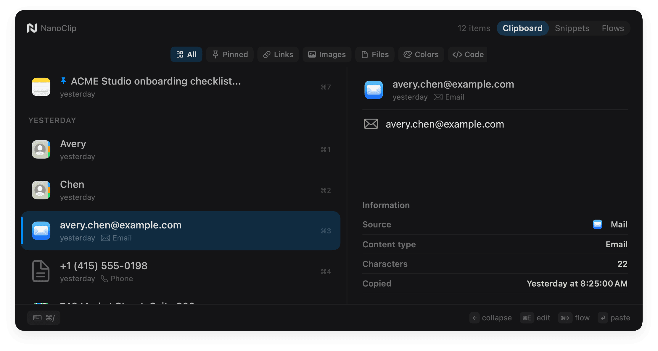 NanoClip showing searchable clipboard history and item details