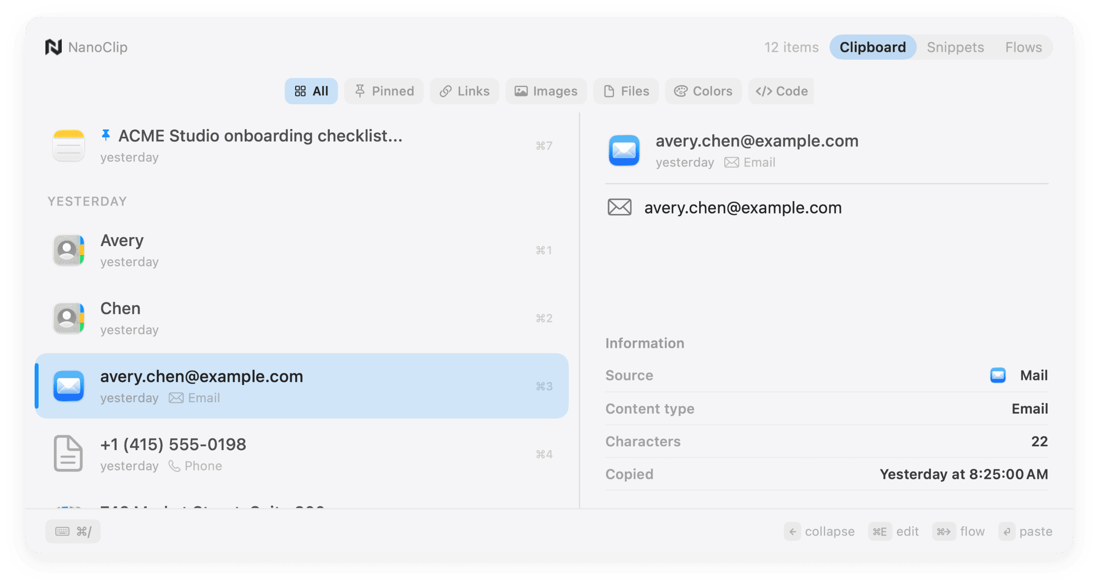 NanoClip showing searchable clipboard history and item details