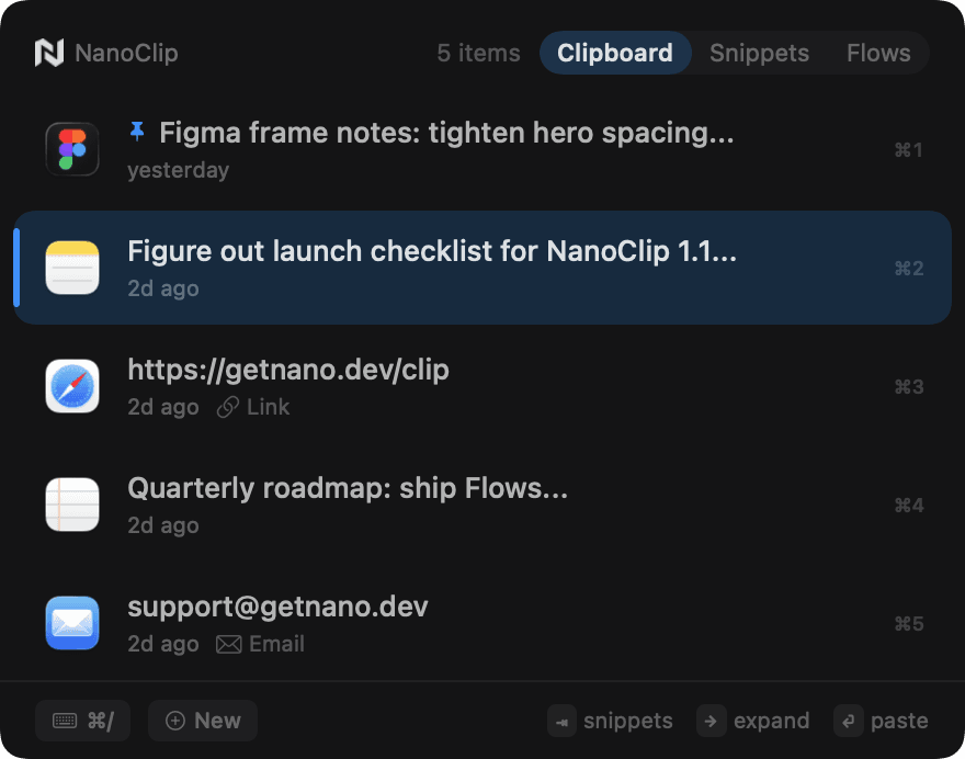NanoClip clipboard history showing pinned items, links, and recent copies