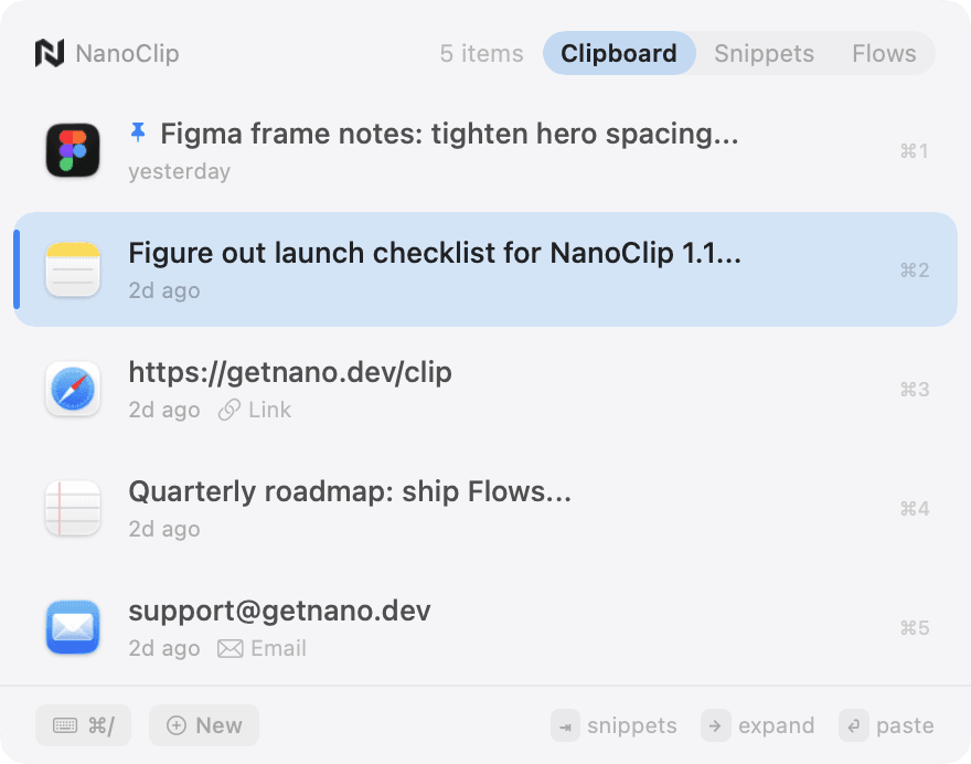 NanoClip clipboard history showing pinned items, links, and recent copies