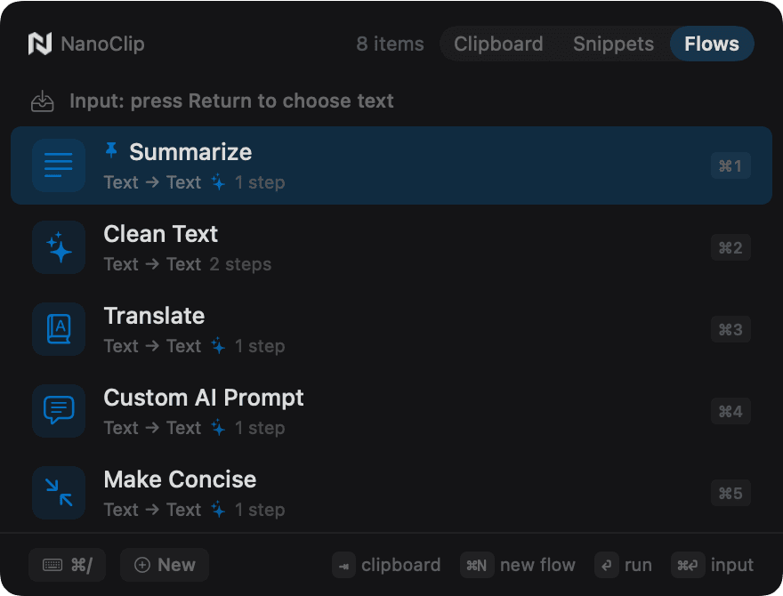 NanoClip flows picker with Summarize, Translate, Custom Prompt actions