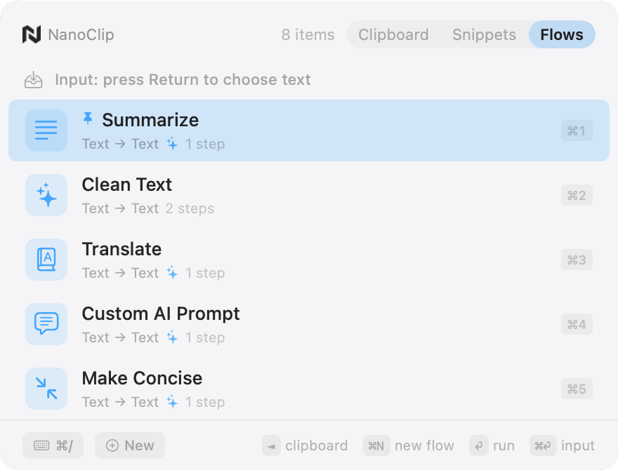 NanoClip flows picker with Summarize, Translate, Custom Prompt actions