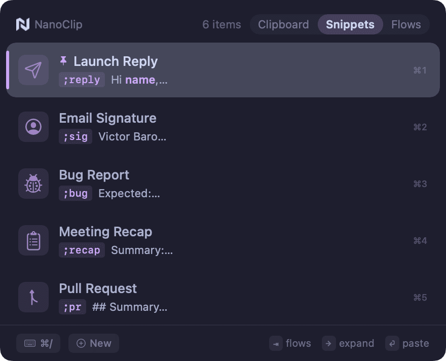 NanoClip snippets picker with @sig, @bug, @recap shortcuts