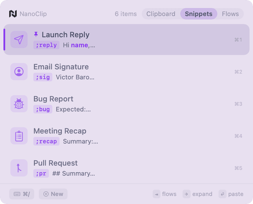 NanoClip snippets picker with @sig, @bug, @recap shortcuts