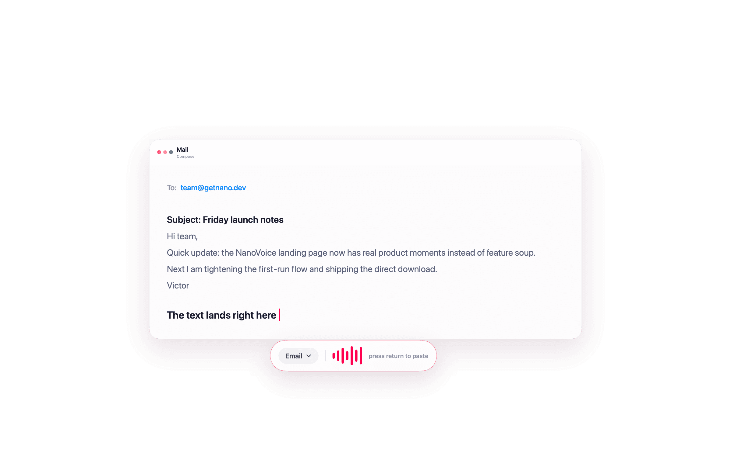 NanoVoice dictation capsule beneath a Mail compose window