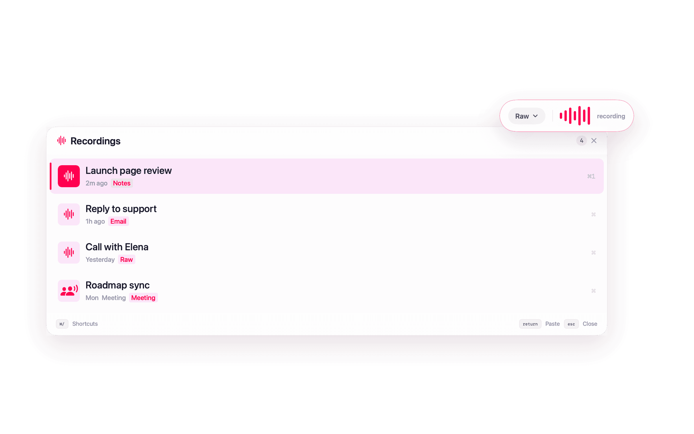 NanoVoice dictating at the cursor and storing the recording locally