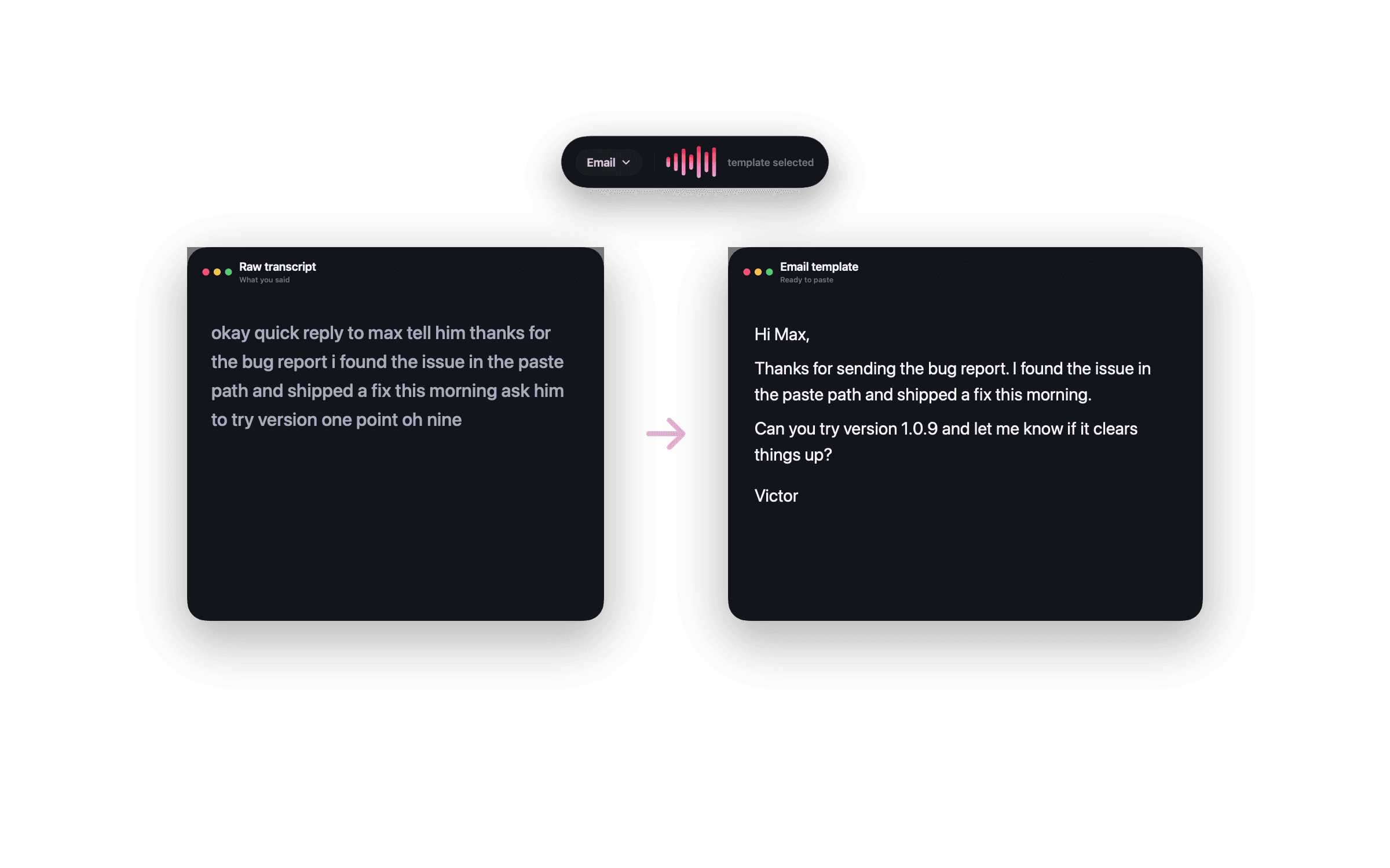 NanoVoice transforming a rough transcript into an email