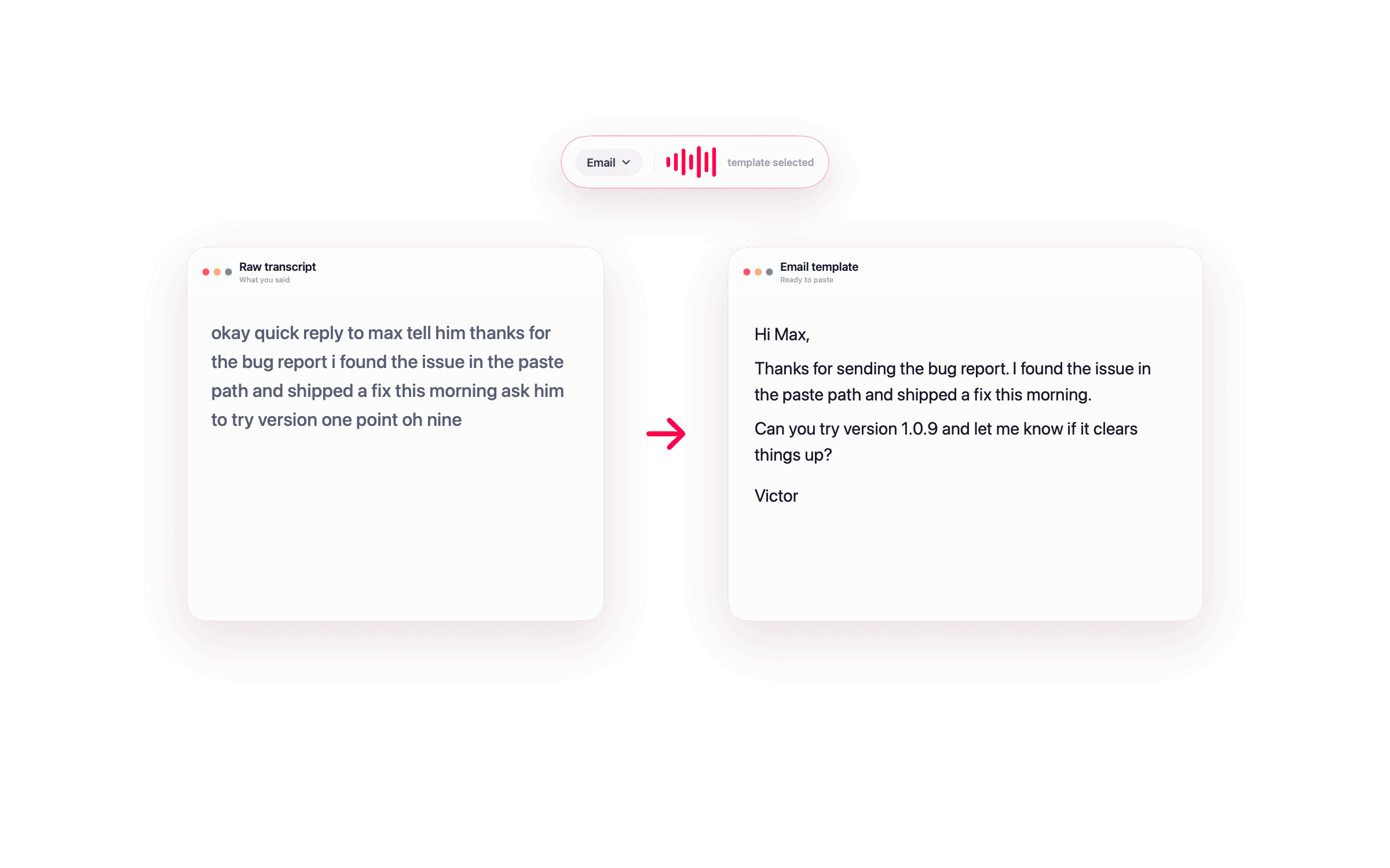 NanoVoice transforming a rough transcript into an email