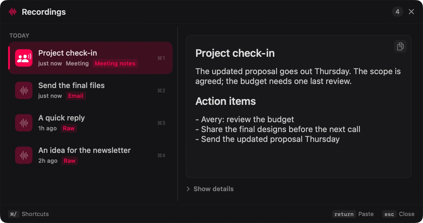 NanoVoice recordings panel showing a saved meeting summary and action items