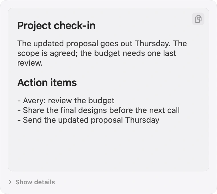 NanoVoice recordings panel showing a saved meeting summary and action items