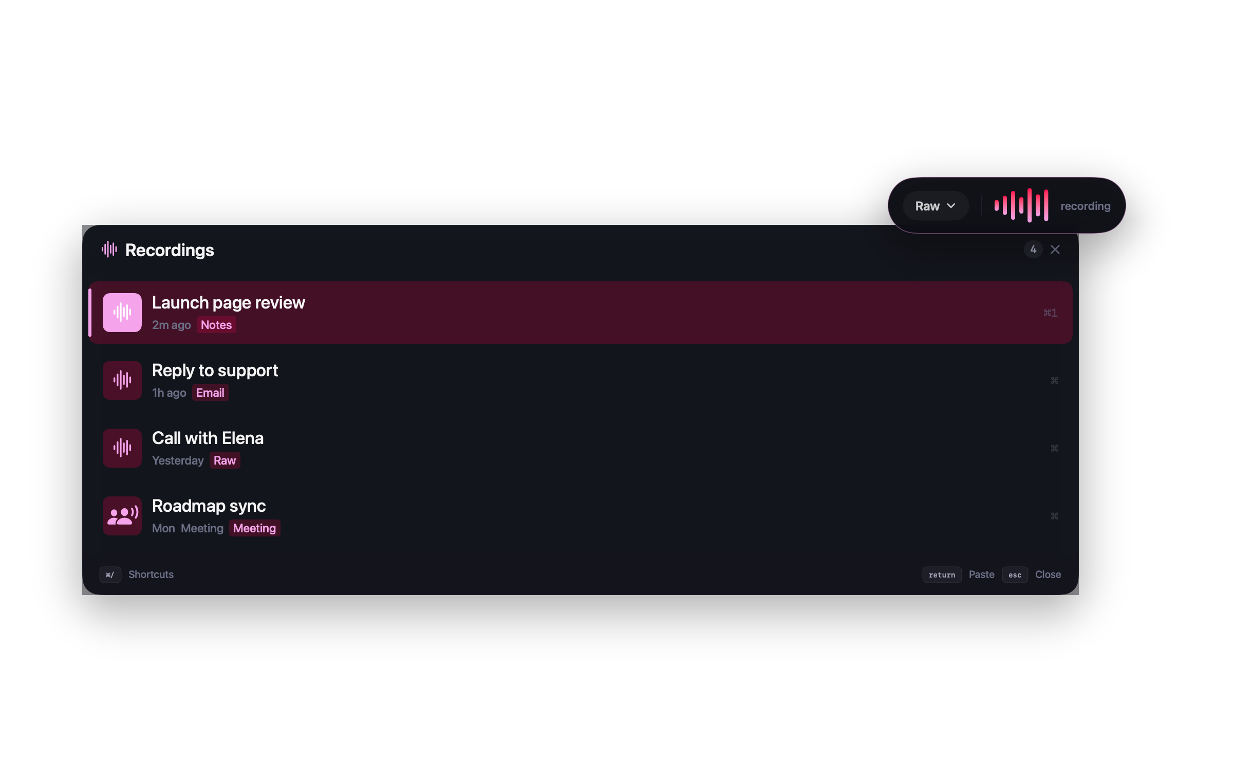 NanoVoice recording capsule and recordings panel showing dictated text history