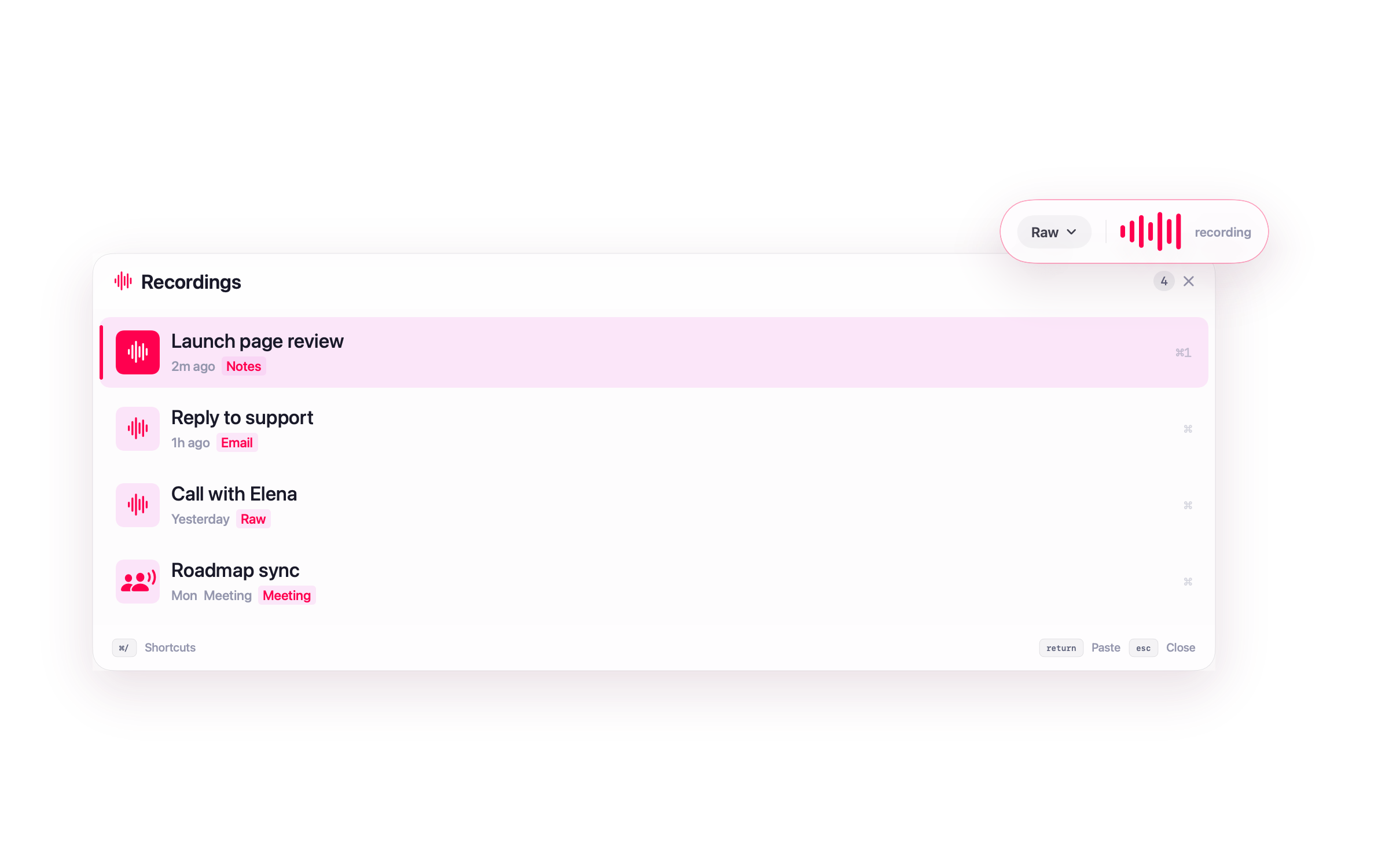 NanoVoice recording capsule and recordings panel showing dictated text history